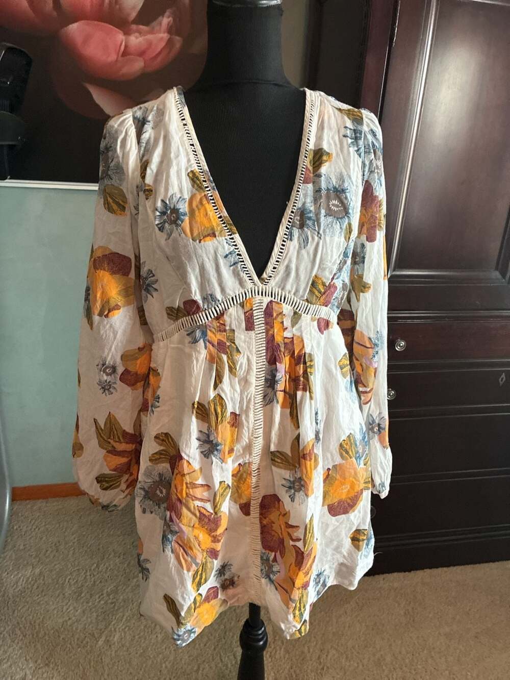 Free People Strawberry Fields Long Sleeve Floral Boho Mini Dress Sz S A729